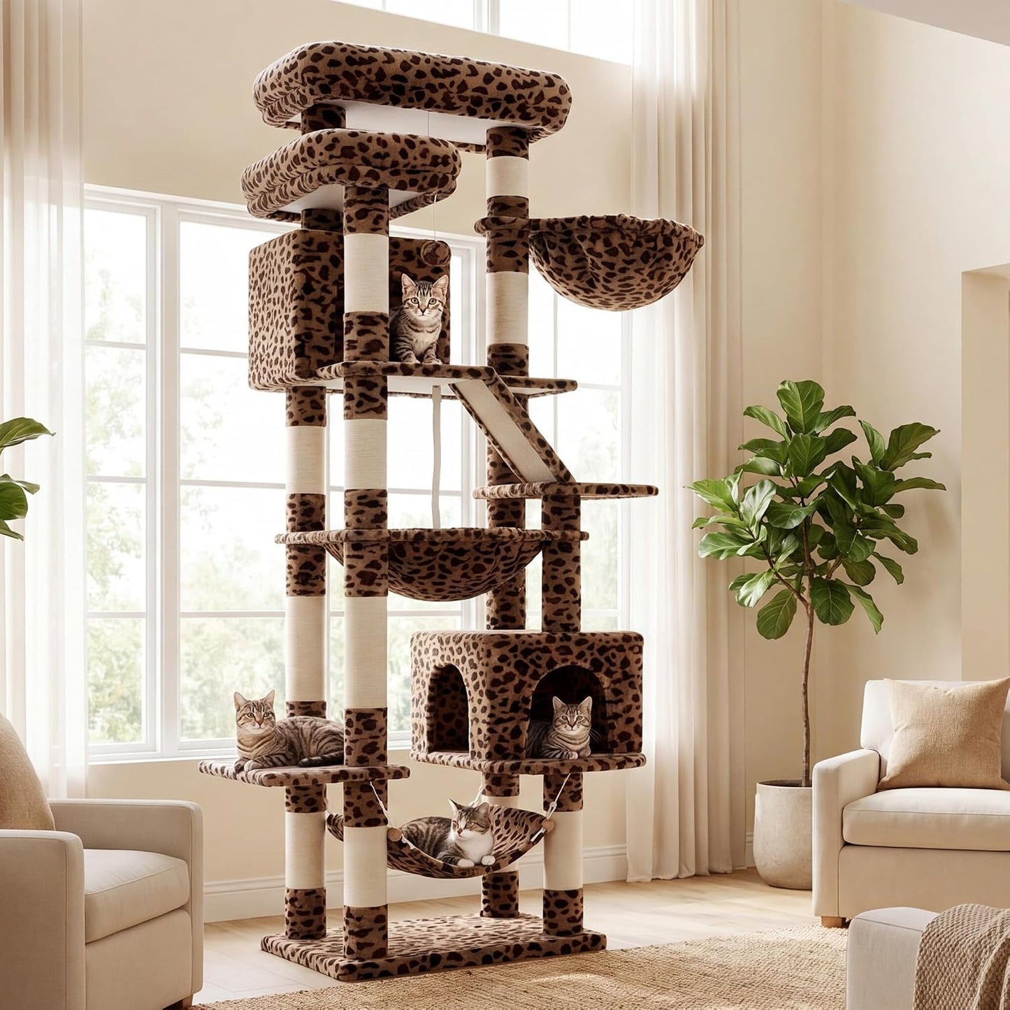 Cat Tree, 71-Inch Tall Tower for Indoor Cats with 2 Perches, 2 Big Condos, 2 Hammocks, Basket, Scratching Pad, Large Cat Furniture and Condo, Green HCT034GR