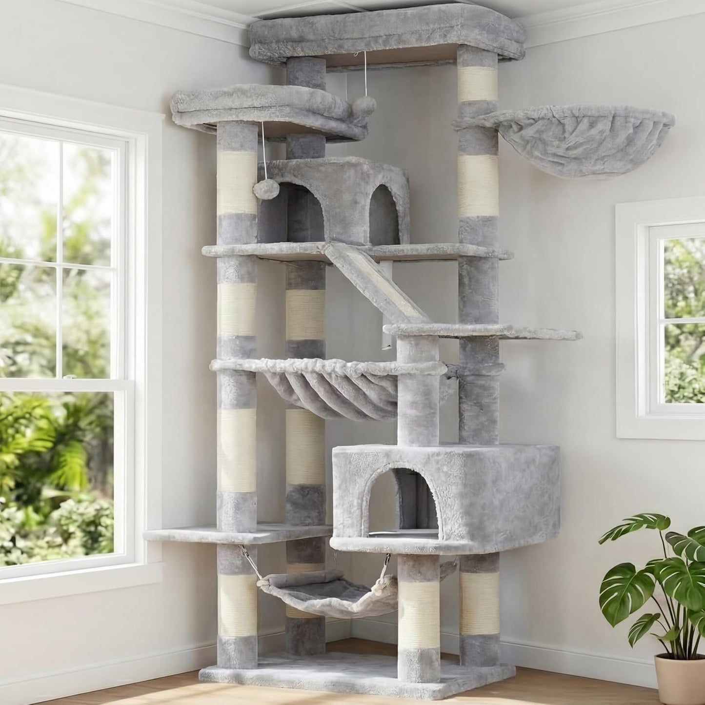 Cat Tree, 71-Inch Tall Tower for Indoor Cats with 2 Perches, 2 Big Condos, 2 Hammocks, Basket, Scratching Pad, Large Cat Furniture and Condo, Green HCT034GR