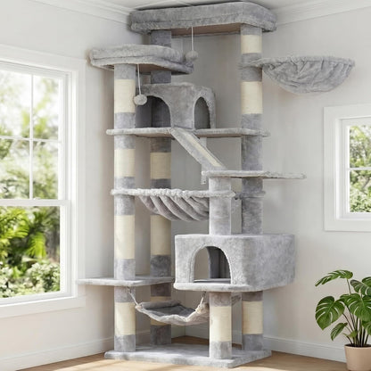 Cat Tree, 71-Inch Tall Tower for Indoor Cats with 2 Perches, 2 Big Condos, 2 Hammocks, Basket, Scratching Pad, Large Cat Furniture and Condo, Green HCT034GR