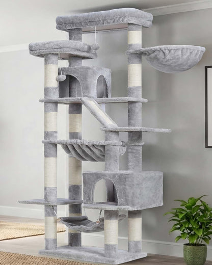 Cat Tree, 71-Inch Tall Tower for Indoor Cats with 2 Perches, 2 Big Condos, 2 Hammocks, Basket, Scratching Pad, Large Cat Furniture and Condo, Green HCT034GR