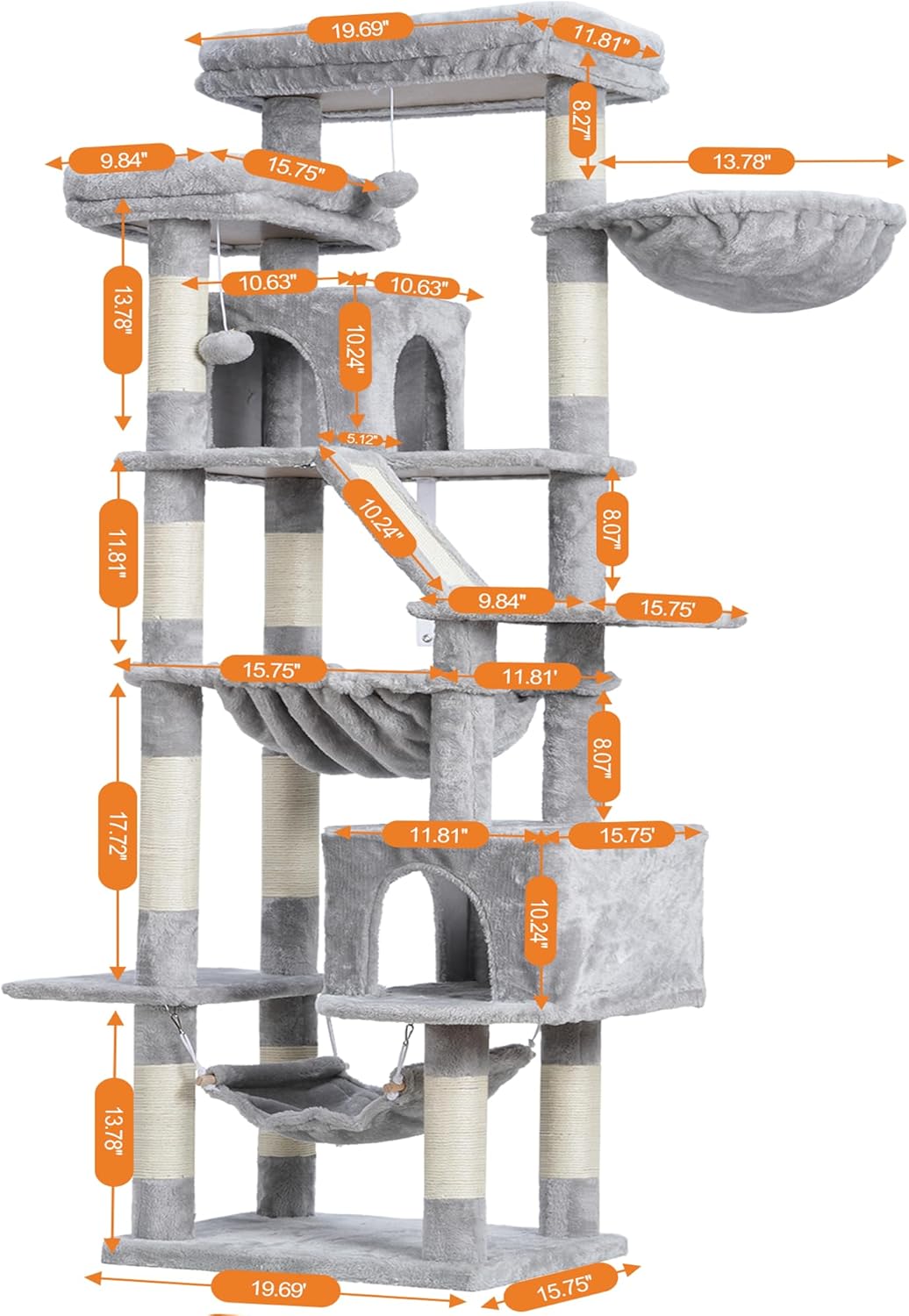 Cat Tree, 71-Inch Tall Tower for Indoor Cats with 2 Perches, 2 Big Condos, 2 Hammocks, Basket, Scratching Pad, Large Cat Furniture and Condo, Green HCT034GR