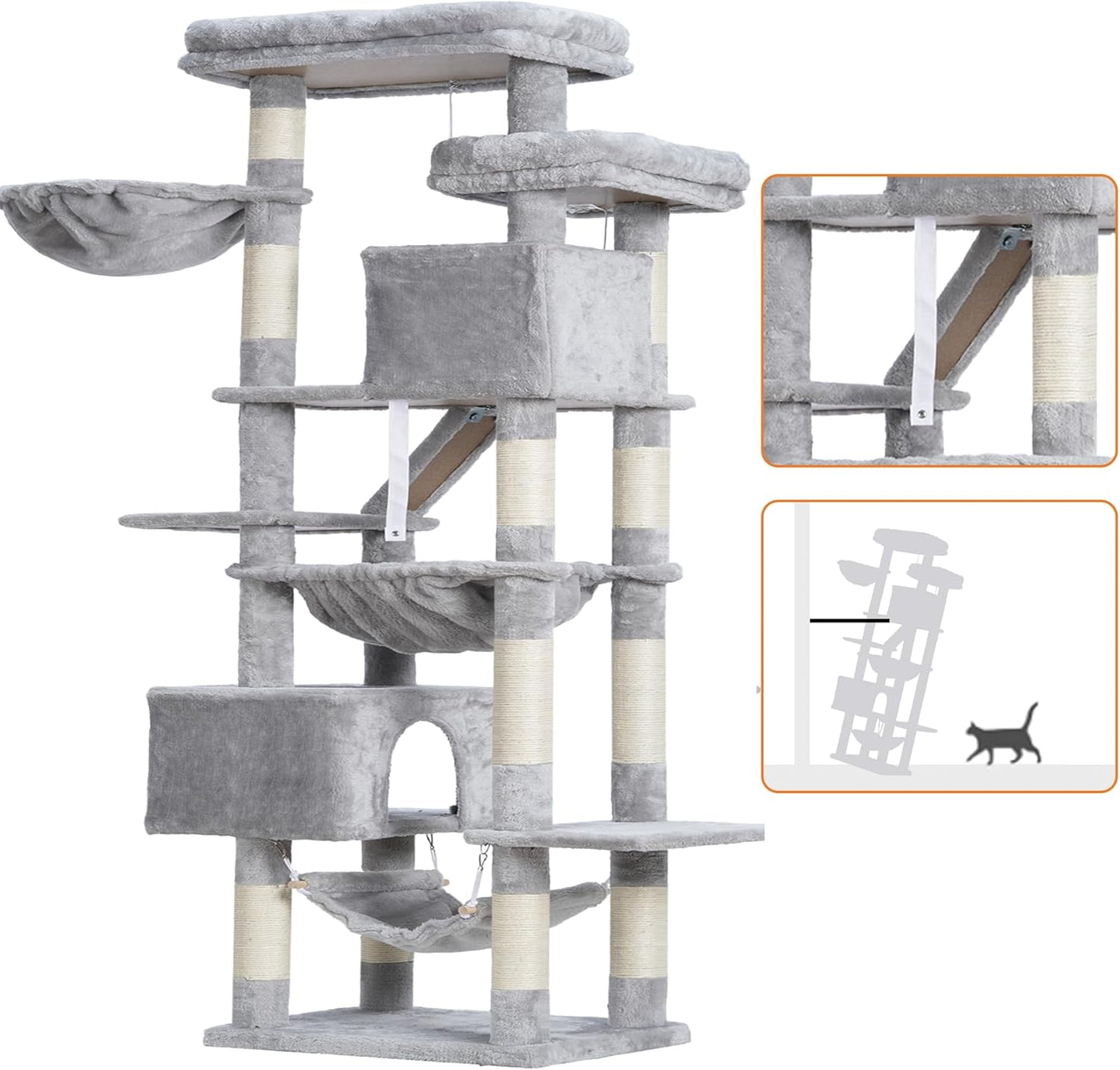 Cat Tree, 71-Inch Tall Tower for Indoor Cats with 2 Perches, 2 Big Condos, 2 Hammocks, Basket, Scratching Pad, Large Cat Furniture and Condo, Green HCT034GR
