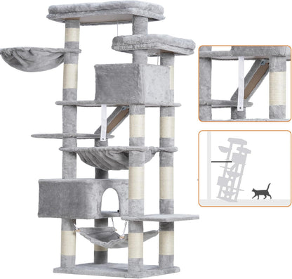 Cat Tree, 71-Inch Tall Tower for Indoor Cats with 2 Perches, 2 Big Condos, 2 Hammocks, Basket, Scratching Pad, Large Cat Furniture and Condo, Green HCT034GR