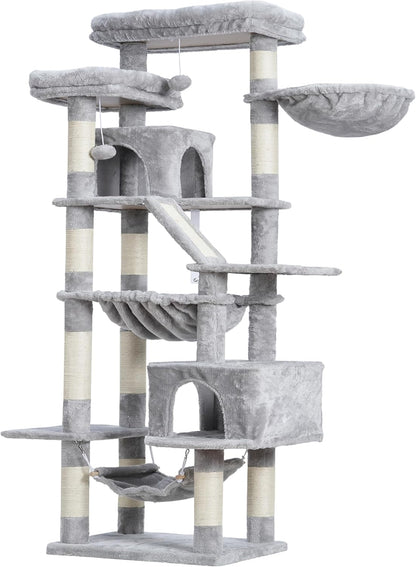 Cat Tree, 71-Inch Tall Tower for Indoor Cats with 2 Perches, 2 Big Condos, 2 Hammocks, Basket, Scratching Pad, Large Cat Furniture and Condo, Green HCT034GR