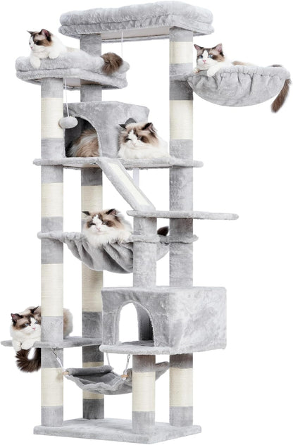 Cat Tree, 71-Inch Tall Tower for Indoor Cats with 2 Perches, 2 Big Condos, 2 Hammocks, Basket, Scratching Pad, Large Cat Furniture and Condo, Green HCT034GR