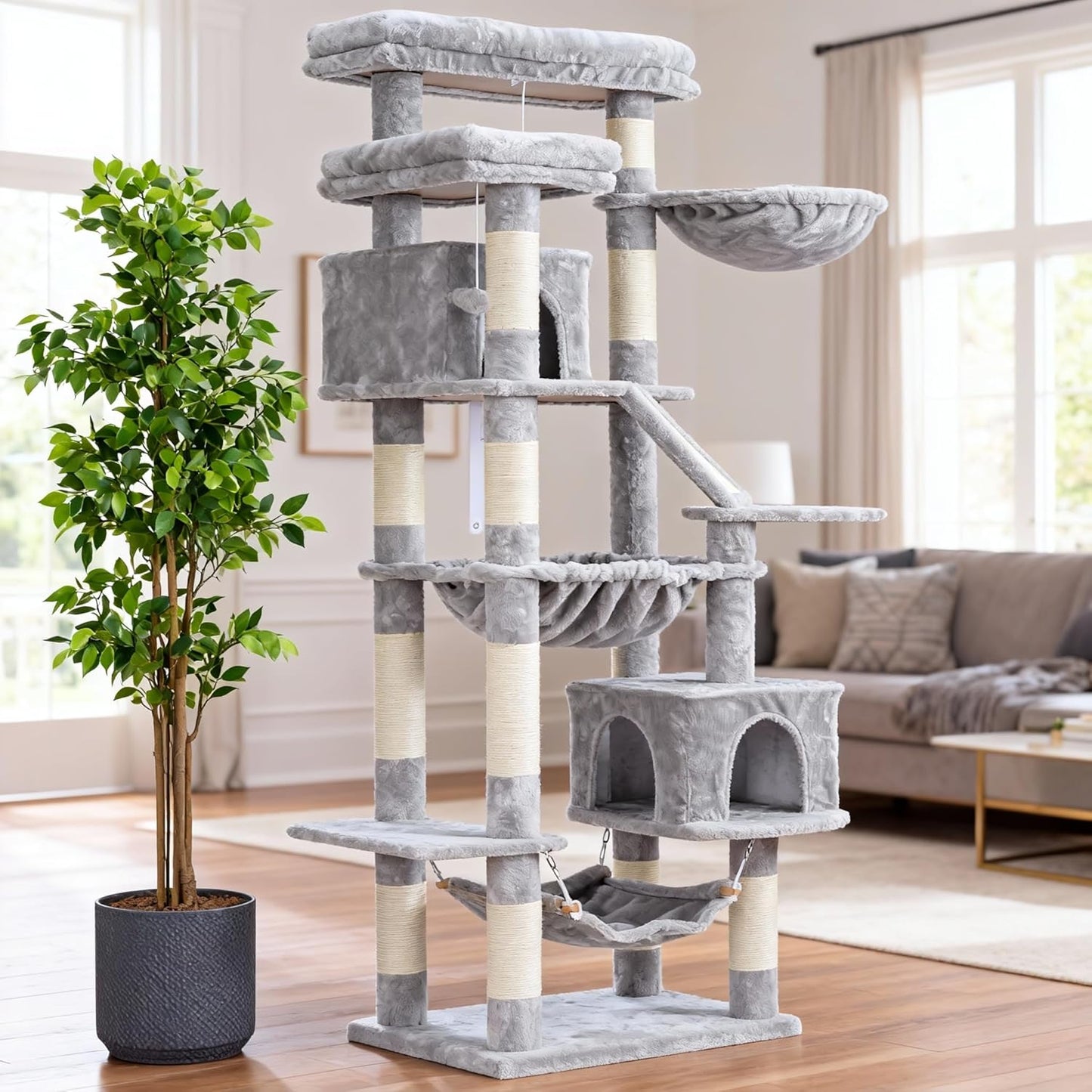 Cat Tree, 71-Inch Tall Tower for Indoor Cats with 2 Perches, 2 Big Condos, 2 Hammocks, Basket, Scratching Pad, Large Cat Furniture and Condo, Green HCT034GR