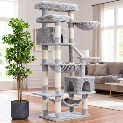 Cat Tree, 71-Inch Tall Tower for Indoor Cats with 2 Perches, 2 Big Condos, 2 Hammocks, Basket, Scratching Pad, Large Cat Furniture and Condo, Green HCT034GR