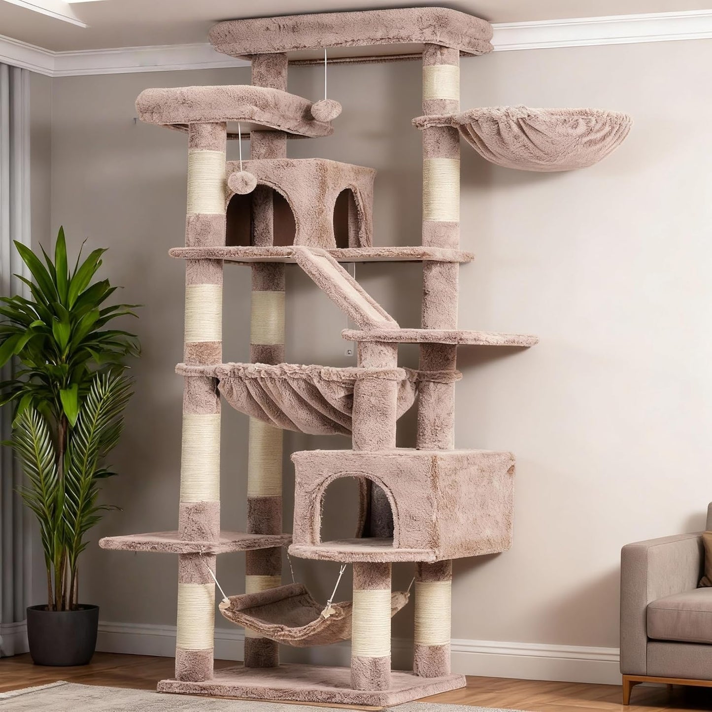 Cat Tree, 71-Inch Tall Tower for Indoor Cats with 2 Perches, 2 Big Condos, 2 Hammocks, Basket, Scratching Pad, Large Cat Furniture and Condo, Green HCT034GR