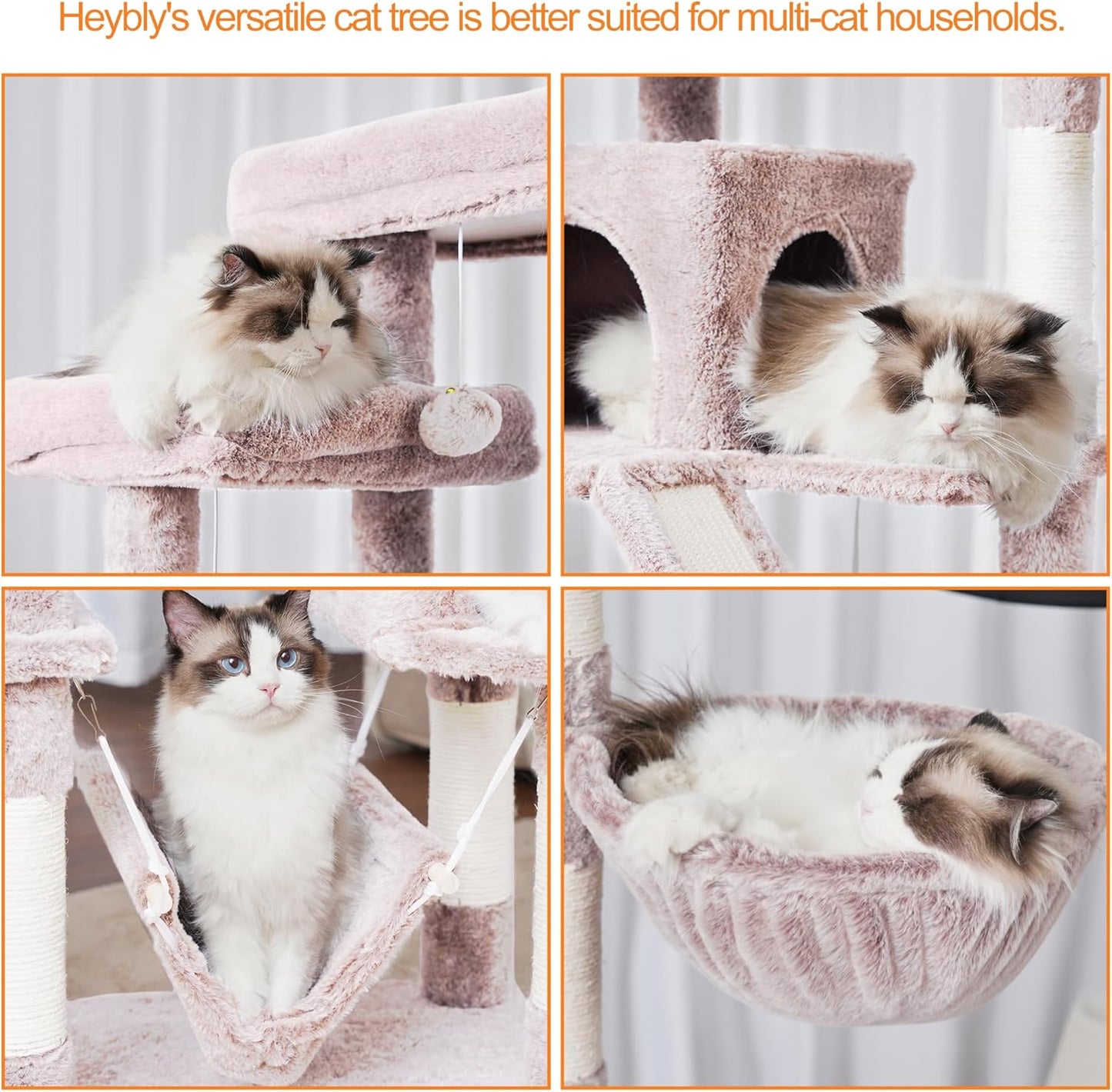 Cat Tree, 71-Inch Tall Tower for Indoor Cats with 2 Perches, 2 Big Condos, 2 Hammocks, Basket, Scratching Pad, Large Cat Furniture and Condo, Green HCT034GR