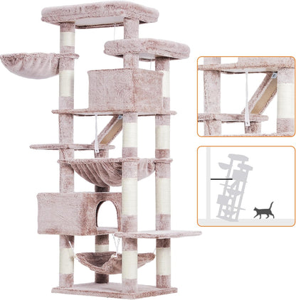 Cat Tree, 71-Inch Tall Tower for Indoor Cats with 2 Perches, 2 Big Condos, 2 Hammocks, Basket, Scratching Pad, Large Cat Furniture and Condo, Green HCT034GR
