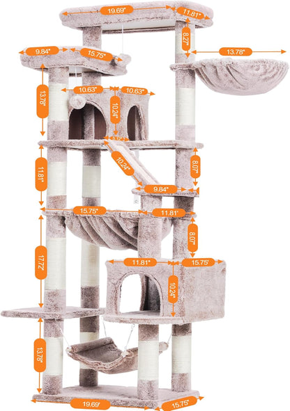Cat Tree, 71-Inch Tall Tower for Indoor Cats with 2 Perches, 2 Big Condos, 2 Hammocks, Basket, Scratching Pad, Large Cat Furniture and Condo, Green HCT034GR
