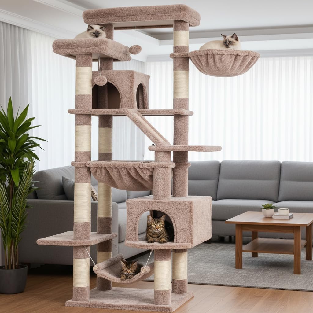 Cat Tree, 71-Inch Tall Tower for Indoor Cats with 2 Perches, 2 Big Condos, 2 Hammocks, Basket, Scratching Pad, Large Cat Furniture and Condo, Green HCT034GR