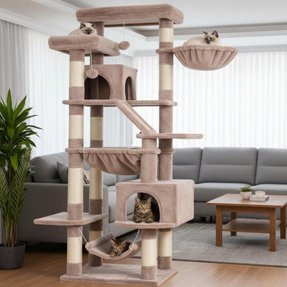 Cat Tree, 71-Inch Tall Tower for Indoor Cats with 2 Perches, 2 Big Condos, 2 Hammocks, Basket, Scratching Pad, Large Cat Furniture and Condo, Green HCT034GR