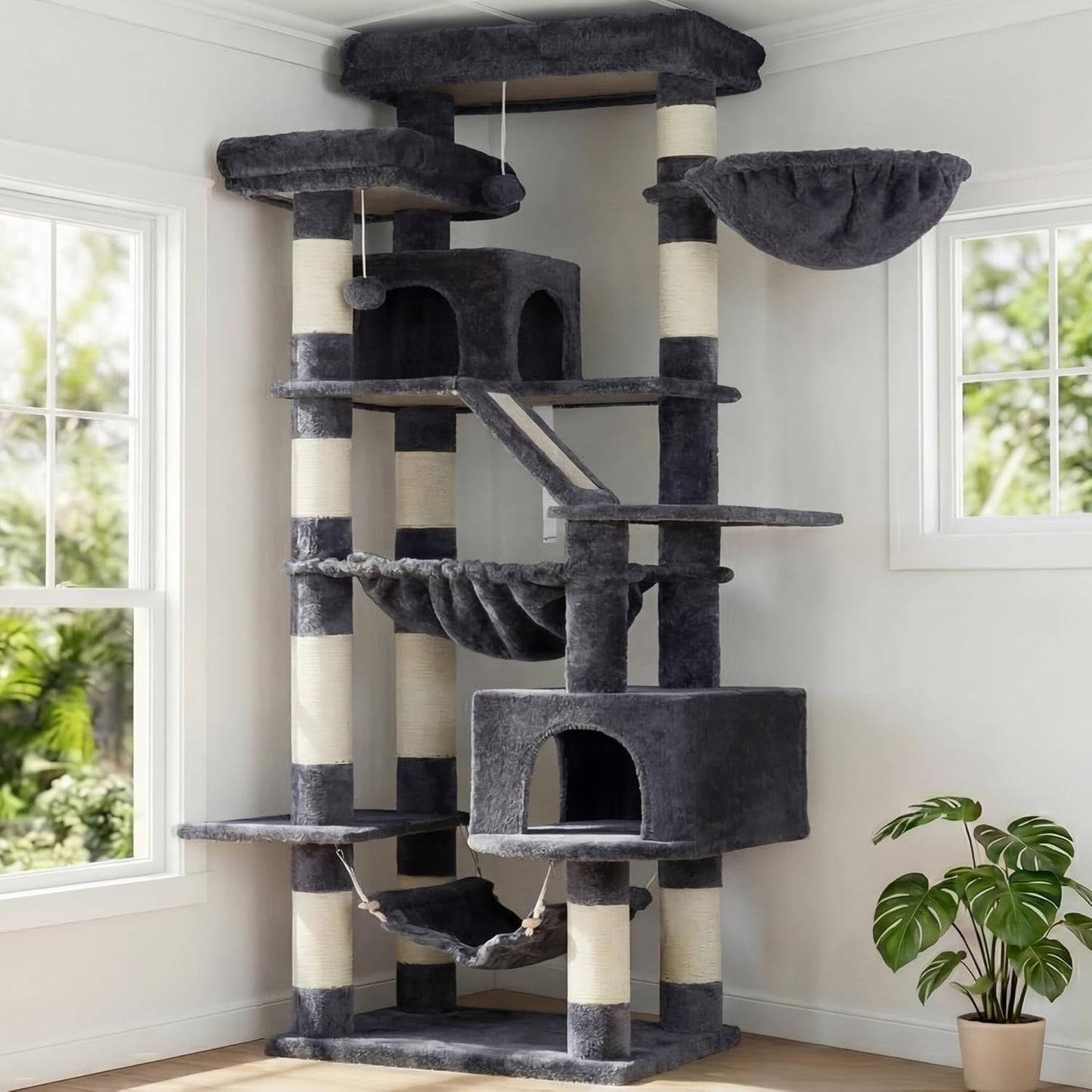 Cat Tree, 71-Inch Tall Tower for Indoor Cats with 2 Perches, 2 Big Condos, 2 Hammocks, Basket, Scratching Pad, Large Cat Furniture and Condo, Green HCT034GR