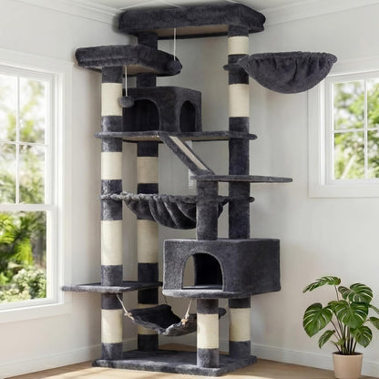 Cat Tree, 71-Inch Tall Tower for Indoor Cats with 2 Perches, 2 Big Condos, 2 Hammocks, Basket, Scratching Pad, Large Cat Furniture and Condo, Green HCT034GR