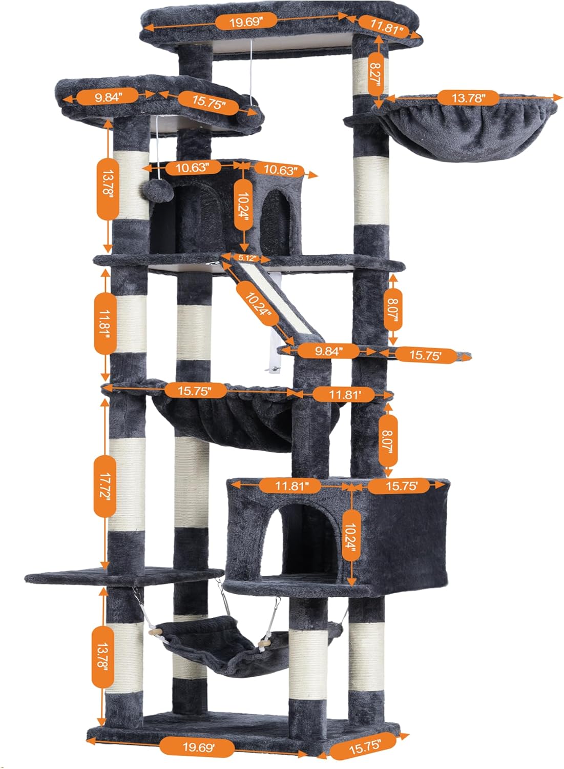 Cat Tree, 71-Inch Tall Tower for Indoor Cats with 2 Perches, 2 Big Condos, 2 Hammocks, Basket, Scratching Pad, Large Cat Furniture and Condo, Green HCT034GR