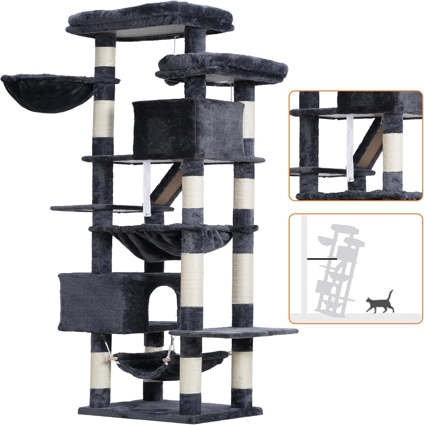 Cat Tree, 71-Inch Tall Tower for Indoor Cats with 2 Perches, 2 Big Condos, 2 Hammocks, Basket, Scratching Pad, Large Cat Furniture and Condo, Green HCT034GR