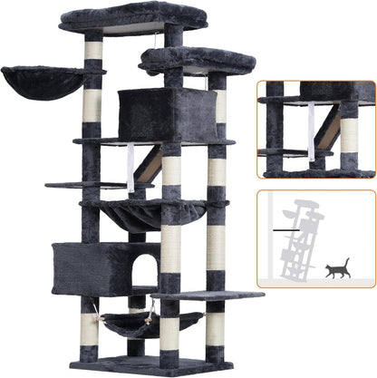 Cat Tree, 71-Inch Tall Tower for Indoor Cats with 2 Perches, 2 Big Condos, 2 Hammocks, Basket, Scratching Pad, Large Cat Furniture and Condo, Green HCT034GR