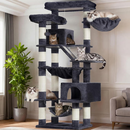 Cat Tree, 71-Inch Tall Tower for Indoor Cats with 2 Perches, 2 Big Condos, 2 Hammocks, Basket, Scratching Pad, Large Cat Furniture and Condo, Green HCT034GR