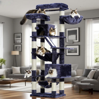 Cat Tree, 71-Inch Tall Tower for Indoor Cats with 2 Perches, 2 Big Condos, 2 Hammocks, Basket, Scratching Pad, Large Cat Furniture and Condo, Green HCT034GR