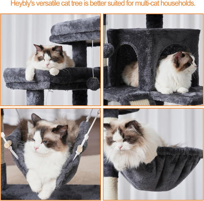 Cat Tree, 71-Inch Tall Tower for Indoor Cats with 2 Perches, 2 Big Condos, 2 Hammocks, Basket, Scratching Pad, Large Cat Furniture and Condo, Green HCT034GR