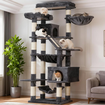 Cat Tree, 71-Inch Tall Tower for Indoor Cats with 2 Perches, 2 Big Condos, 2 Hammocks, Basket, Scratching Pad, Large Cat Furniture and Condo, Green HCT034GR