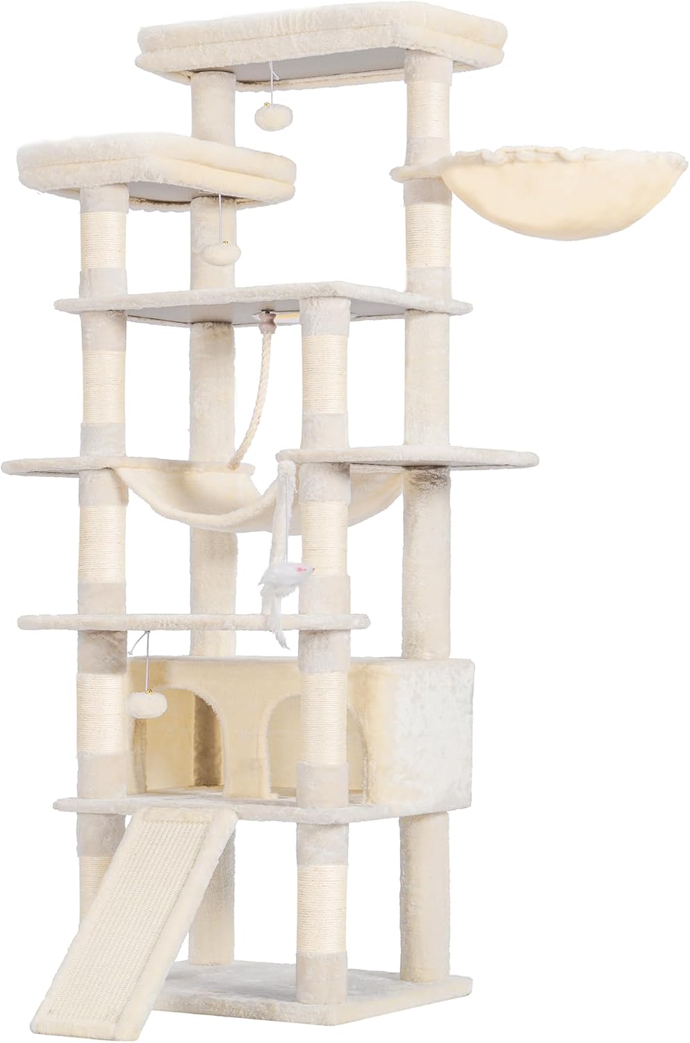 Cat Tree, 71-Inch Tall Tower for Indoor Cats with 2 Perches, 2 Big Condos, 2 Hammocks, Basket, Scratching Pad, Large Cat Furniture and Condo, Green HCT034GR