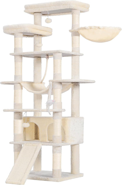 Cat Tree, 71-Inch Tall Tower for Indoor Cats with 2 Perches, 2 Big Condos, 2 Hammocks, Basket, Scratching Pad, Large Cat Furniture and Condo, Green HCT034GR