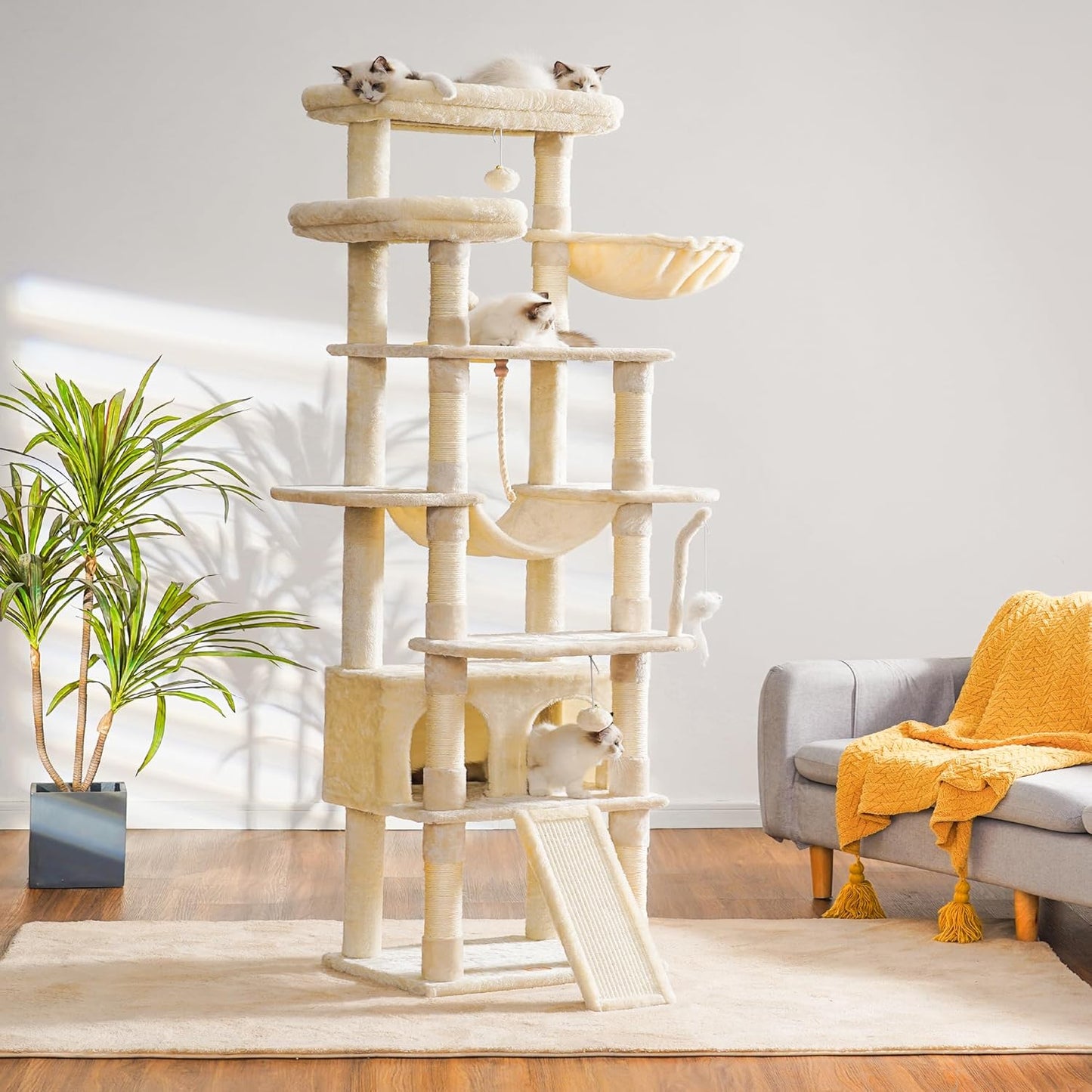 Cat Tree, 71-Inch Tall Tower for Indoor Cats with 2 Perches, 2 Big Condos, 2 Hammocks, Basket, Scratching Pad, Large Cat Furniture and Condo, Green HCT034GR