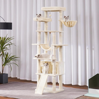 Cat Tree, 71-Inch Tall Tower for Indoor Cats with 2 Perches, 2 Big Condos, 2 Hammocks, Basket, Scratching Pad, Large Cat Furniture and Condo, Green HCT034GR