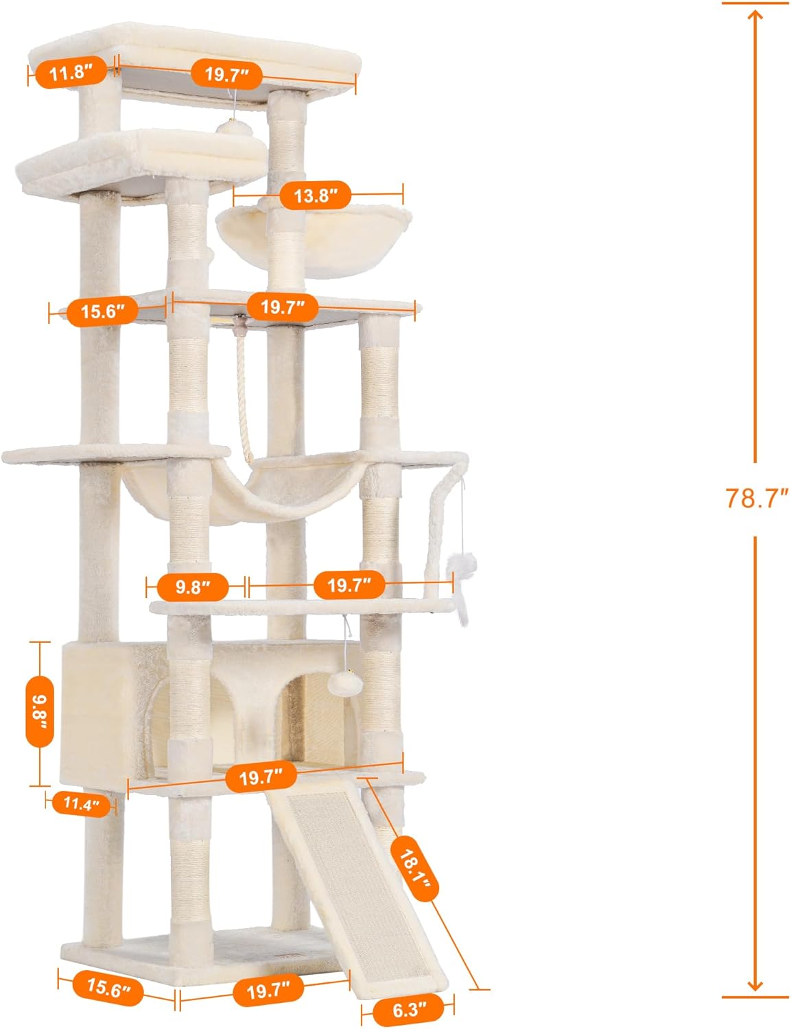 Cat Tree, 71-Inch Tall Tower for Indoor Cats with 2 Perches, 2 Big Condos, 2 Hammocks, Basket, Scratching Pad, Large Cat Furniture and Condo, Green HCT034GR