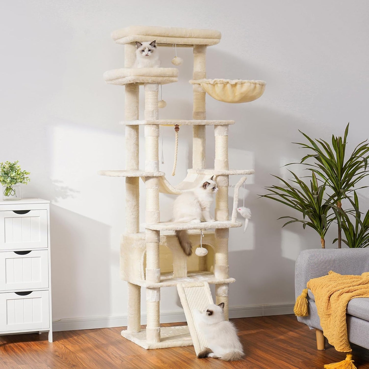 Cat Tree, 71-Inch Tall Tower for Indoor Cats with 2 Perches, 2 Big Condos, 2 Hammocks, Basket, Scratching Pad, Large Cat Furniture and Condo, Green HCT034GR