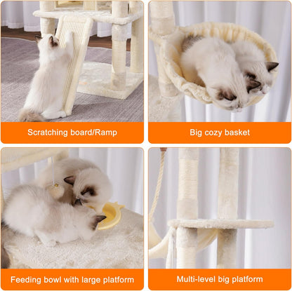 Cat Tree, 71-Inch Tall Tower for Indoor Cats with 2 Perches, 2 Big Condos, 2 Hammocks, Basket, Scratching Pad, Large Cat Furniture and Condo, Green HCT034GR
