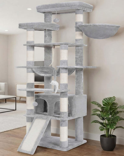 Cat Tree, 71-Inch Tall Tower for Indoor Cats with 2 Perches, 2 Big Condos, 2 Hammocks, Basket, Scratching Pad, Large Cat Furniture and Condo, Green HCT034GR