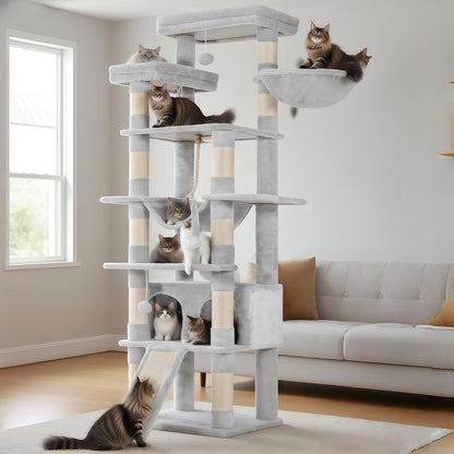 Cat Tree, 71-Inch Tall Tower for Indoor Cats with 2 Perches, 2 Big Condos, 2 Hammocks, Basket, Scratching Pad, Large Cat Furniture and Condo, Green HCT034GR