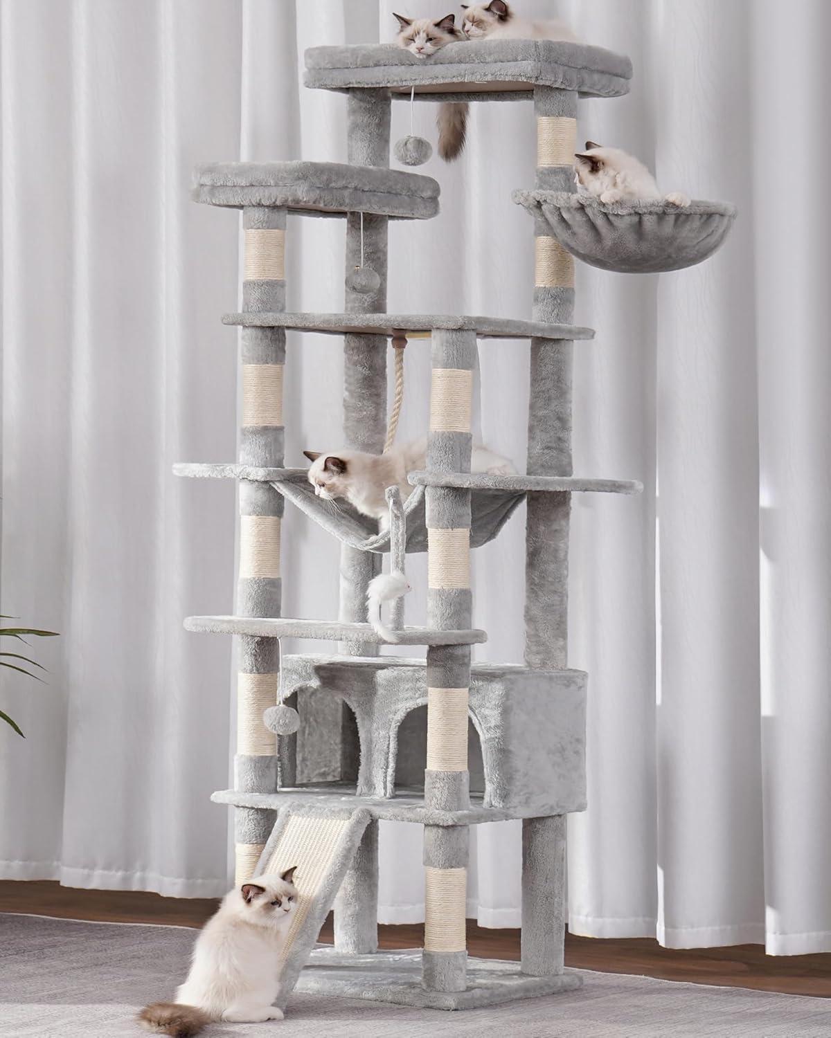 Cat Tree, 71-Inch Tall Tower for Indoor Cats with 2 Perches, 2 Big Condos, 2 Hammocks, Basket, Scratching Pad, Large Cat Furniture and Condo, Green HCT034GR