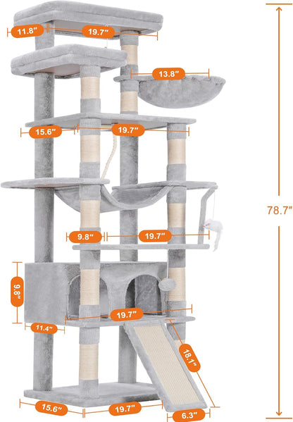 Cat Tree, 71-Inch Tall Tower for Indoor Cats with 2 Perches, 2 Big Condos, 2 Hammocks, Basket, Scratching Pad, Large Cat Furniture and Condo, Green HCT034GR