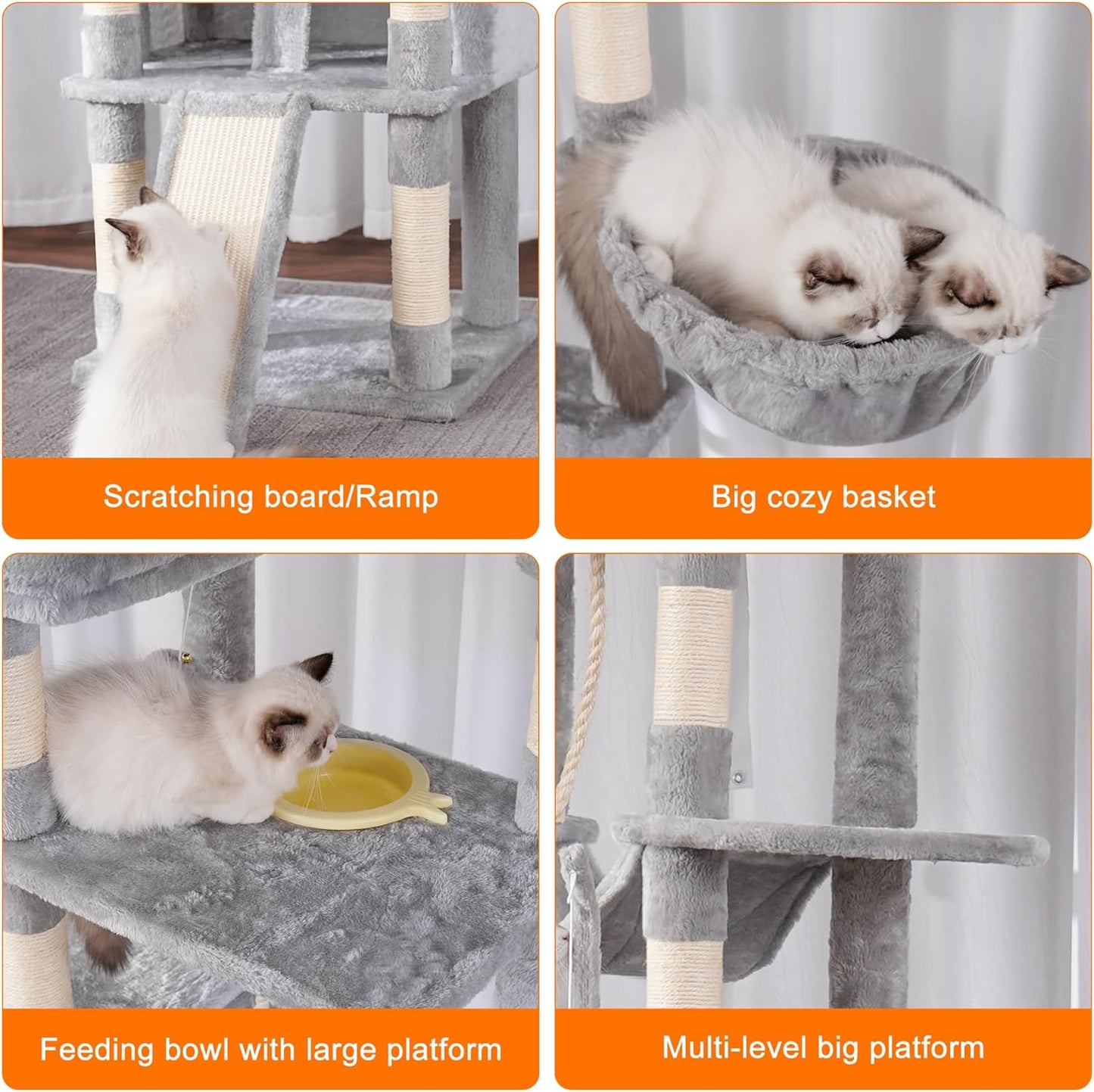 Cat Tree, 71-Inch Tall Tower for Indoor Cats with 2 Perches, 2 Big Condos, 2 Hammocks, Basket, Scratching Pad, Large Cat Furniture and Condo, Green HCT034GR
