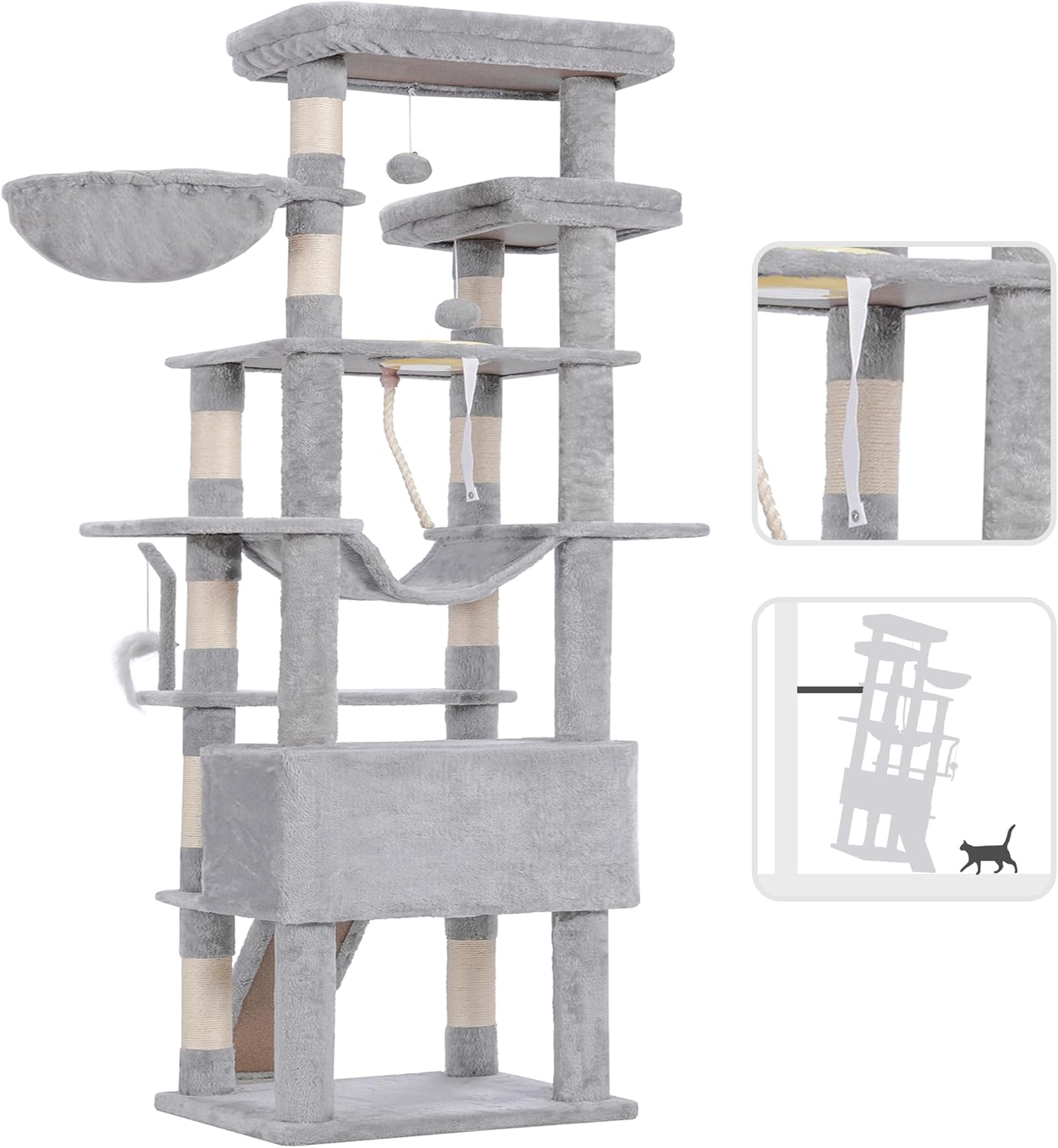 Cat Tree, 71-Inch Tall Tower for Indoor Cats with 2 Perches, 2 Big Condos, 2 Hammocks, Basket, Scratching Pad, Large Cat Furniture and Condo, Green HCT034GR
