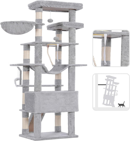 Cat Tree, 71-Inch Tall Tower for Indoor Cats with 2 Perches, 2 Big Condos, 2 Hammocks, Basket, Scratching Pad, Large Cat Furniture and Condo, Green HCT034GR