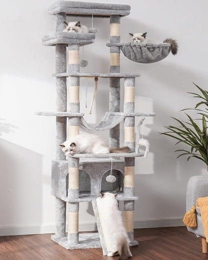 Cat Tree, 71-Inch Tall Tower for Indoor Cats with 2 Perches, 2 Big Condos, 2 Hammocks, Basket, Scratching Pad, Large Cat Furniture and Condo, Green HCT034GR