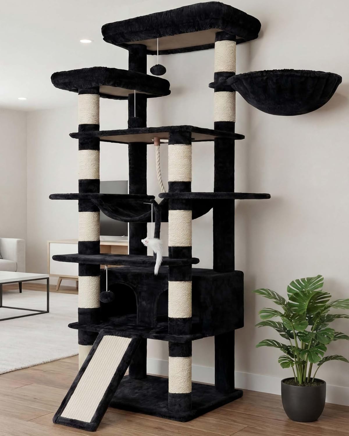 Cat Tree, 71-Inch Tall Tower for Indoor Cats with 2 Perches, 2 Big Condos, 2 Hammocks, Basket, Scratching Pad, Large Cat Furniture and Condo, Green HCT034GR