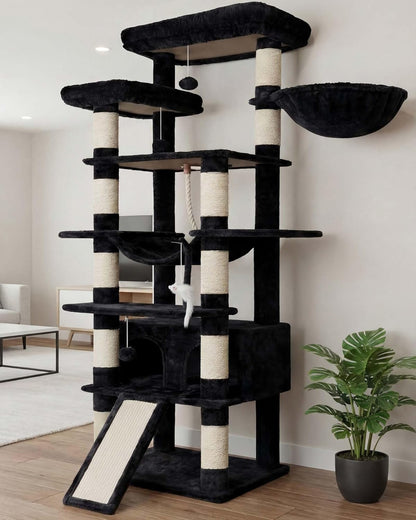 Cat Tree, 71-Inch Tall Tower for Indoor Cats with 2 Perches, 2 Big Condos, 2 Hammocks, Basket, Scratching Pad, Large Cat Furniture and Condo, Green HCT034GR