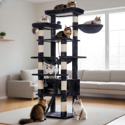 Cat Tree, 71-Inch Tall Tower for Indoor Cats with 2 Perches, 2 Big Condos, 2 Hammocks, Basket, Scratching Pad, Large Cat Furniture and Condo, Green HCT034GR