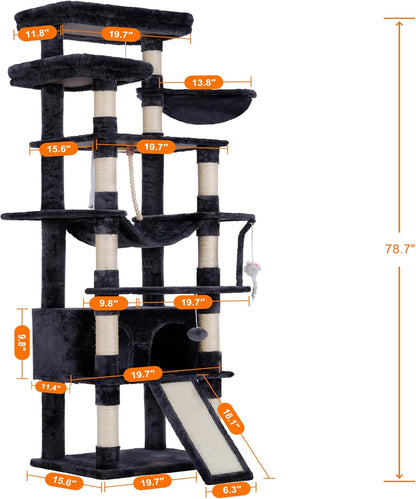 Cat Tree, 71-Inch Tall Tower for Indoor Cats with 2 Perches, 2 Big Condos, 2 Hammocks, Basket, Scratching Pad, Large Cat Furniture and Condo, Green HCT034GR