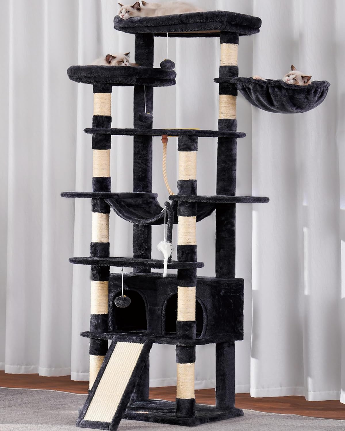 Cat Tree, 71-Inch Tall Tower for Indoor Cats with 2 Perches, 2 Big Condos, 2 Hammocks, Basket, Scratching Pad, Large Cat Furniture and Condo, Green HCT034GR