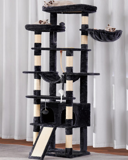 Cat Tree, 71-Inch Tall Tower for Indoor Cats with 2 Perches, 2 Big Condos, 2 Hammocks, Basket, Scratching Pad, Large Cat Furniture and Condo, Green HCT034GR