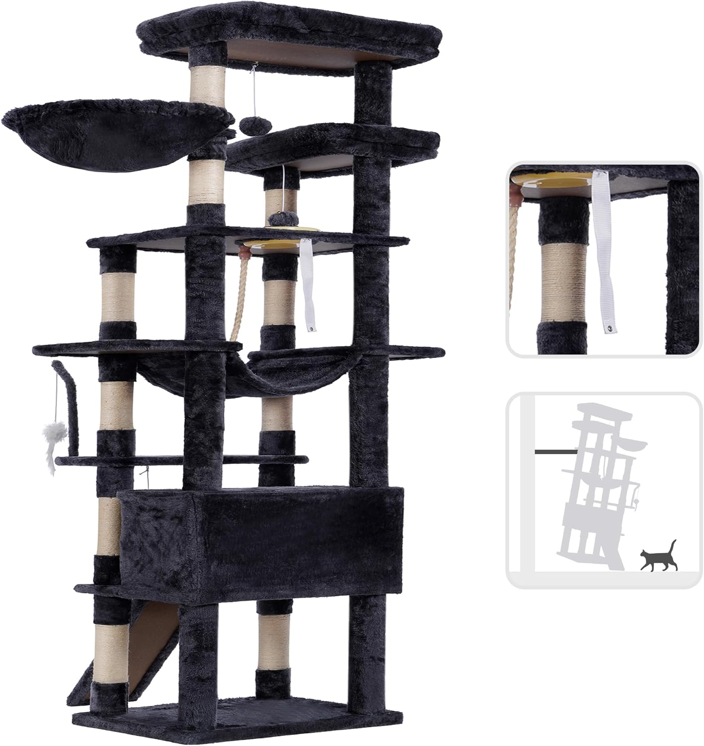 Cat Tree, 71-Inch Tall Tower for Indoor Cats with 2 Perches, 2 Big Condos, 2 Hammocks, Basket, Scratching Pad, Large Cat Furniture and Condo, Green HCT034GR