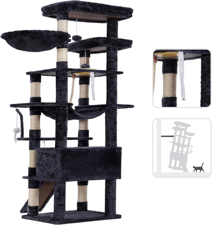 Cat Tree, 71-Inch Tall Tower for Indoor Cats with 2 Perches, 2 Big Condos, 2 Hammocks, Basket, Scratching Pad, Large Cat Furniture and Condo, Green HCT034GR