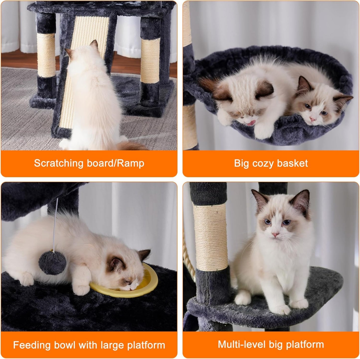 Cat Tree, 71-Inch Tall Tower for Indoor Cats with 2 Perches, 2 Big Condos, 2 Hammocks, Basket, Scratching Pad, Large Cat Furniture and Condo, Green HCT034GR